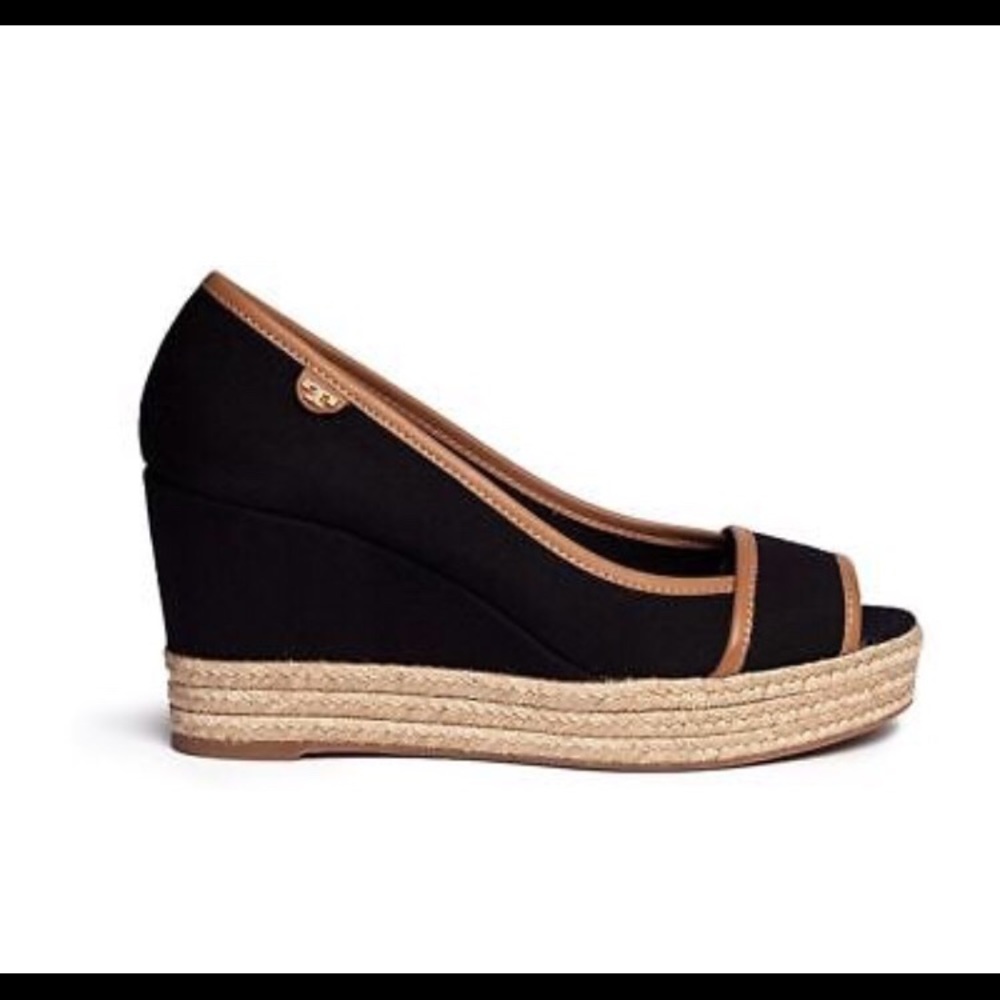 Tory Burch Black and Tan Espadrille Wedge Peep-Toe
